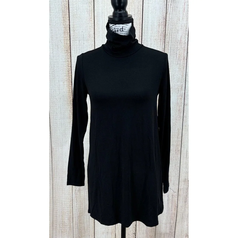 Eileen Fisher Scrunch‎ Neck Tunic Size XXS Black Long Sleeve Top Tencel NWT